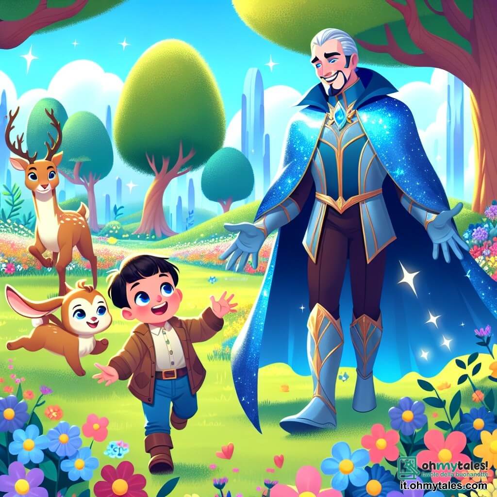 Une illustration sous forme de dessin destinée aux enfants représentant un jardin enchanté rempli de fleurs colorées et d'arbres géants, où un homme grand et fort avec un manteau bleu brillant, aux yeux lumineux et au sourire chaleureux, joue joyeusement avec un petit garçon curieux, un topinou au pelage doux, et un petit garçon joyeux, un lapin aux grandes oreilles, tous riant et courant ensemble sous un ciel ensoleillé, illustrant l'importance de l'amitié et du repos pour un super-héros.