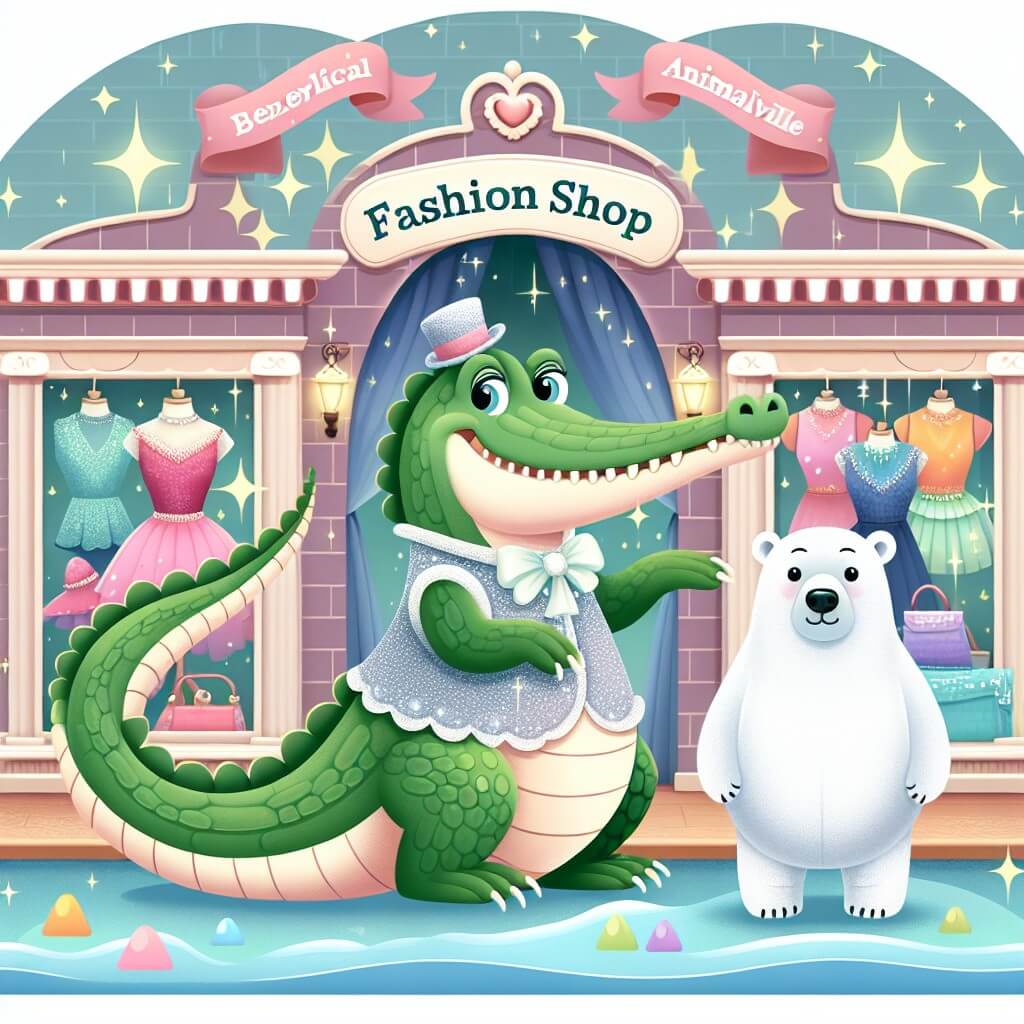 Une illustration destinée aux enfants représentant un crocodile élégant et charmant, se trouvant dans une boutique de mode colorée et étincelante, accompagné d'un ours polaire bienveillant, dans la petite ville animée d'Animalville.
