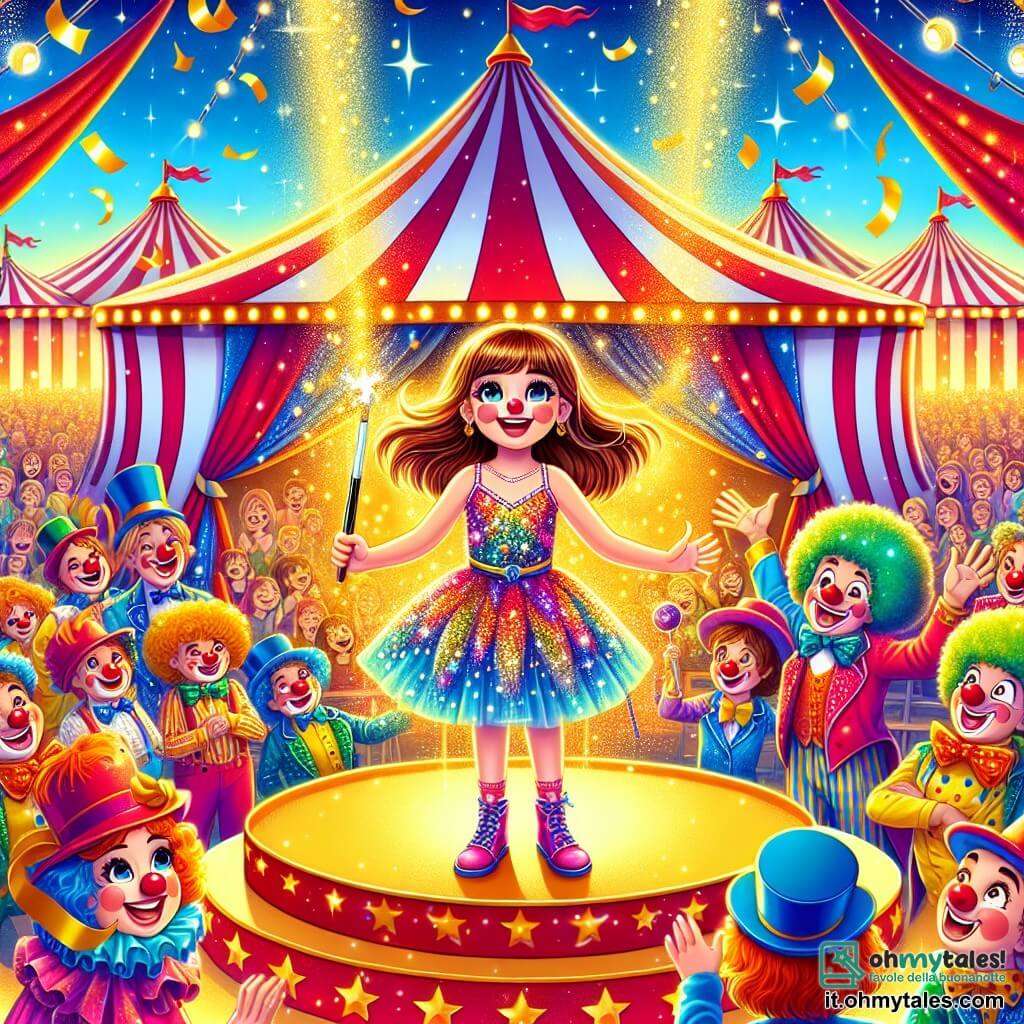 Illustrazione che rappresenta un grande tendone da circo colorato, con strisce rosse e bianche che si innalzano verso un cielo blu brillante. All'interno, una scena vivace in cui una ragazza di 11 anni, con lunghi capelli castani e occhi brillanti di curiosità, è in piedi su un piccolo podio, tenendo una bacchetta magica scintillante. Indossa un vestito colorato decorato con paillettes che brillano alla luce dei riflettori. Intorno a lei, un gruppo di clown gioiosi, tutti di circa 30 anni, con nasi rossi, parrucche multicolori e costumi eccentrici, si affaccendano a preparare gag comiche. Uno di loro, con un grande sorriso e un cilindro, lancia della panna montata verso il pubblico, mentre un altro fa delle smorfie mentre gioca con palline colorate. La scena principale mostra la ragazza, raggiante di gioia, mentre esegue un trucco di magia, circondata da coriandoli dorati che cadono dal cielo, creando un'atmosfera festosa e incantata. Sullo sfondo, spettatori meravigliati applaudono, aggiungendo energia vibrante all'illustrazione. Luci scintillanti e stelle aggiungono un tocco di magia a questa scena di circo affascinante.