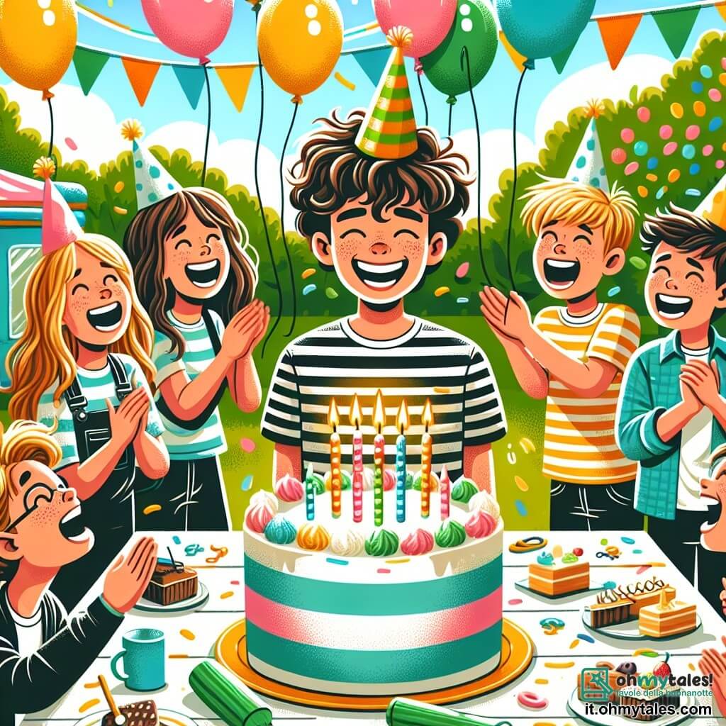 Une illustration sous forme de dessin destinée aux enfants représentant une fête d'anniversaire joyeuse dans un jardin coloré, avec des ballons flottants et une grande table décorée de gâteaux et de friandises, où un garçon de 11 ans aux cheveux bouclés et au sourire éclatant, vêtu d'un t-shirt rayé, souffle sur des bougies d'anniversaire, entouré de ses amis : une fille aux cheveux longs et bruns qui rit en tenant un petit dragon en caoutchouc vert, un garçon aux lunettes qui applaudit avec enthousiasme, et un autre garçon aux cheveux blonds qui s'apprête à sauter sur un château gonflable, tous partageant un moment de joie et d'amitié.