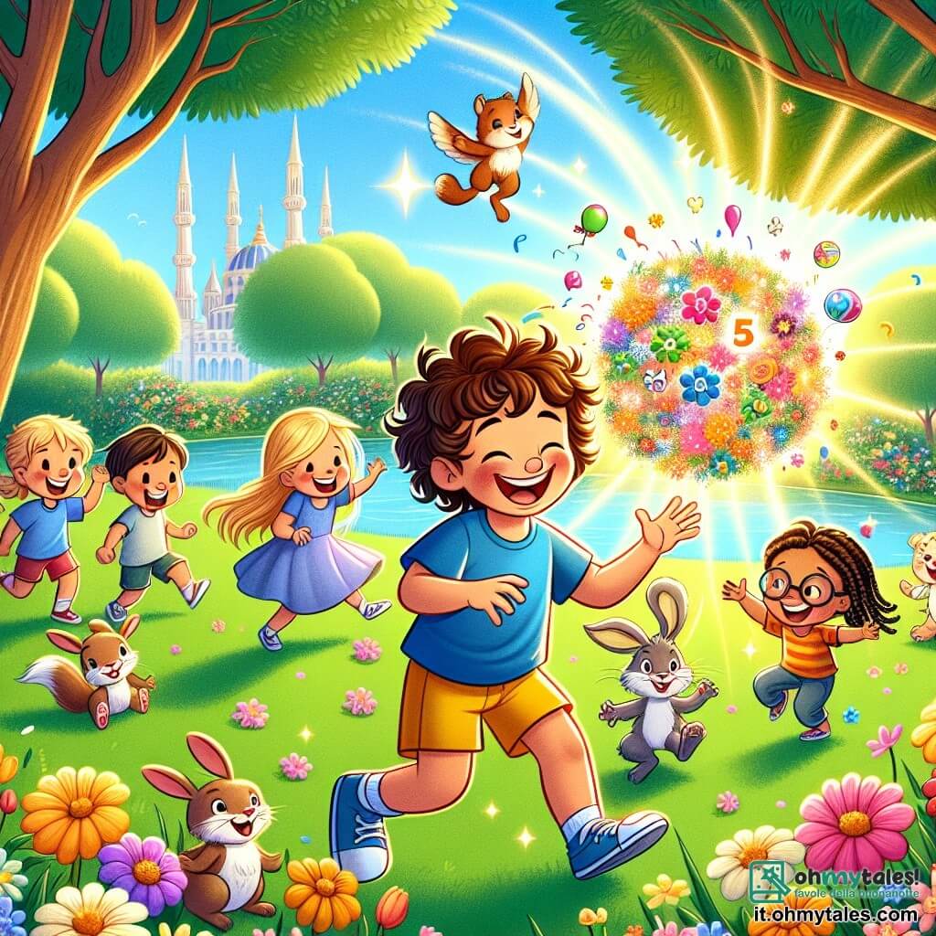 Une illustration sous forme de dessin destinée aux enfants représentant un parc ensoleillé rempli de fleurs colorées et d'arbres majestueux, où un garçon de 5 ans aux cheveux bruns et bouclés, portant un t-shirt bleu et un short jaune, rit joyeusement en jouant avec une balle qui explose en une pluie de coriandoli, entouré de plusieurs enfants, dont une petite fille aux cheveux blonds tressés et un garçon aux lunettes, tous deux souriants et en train de danser avec des animaux mignons comme des lapins et des écureuils, célébrant ensemble un anniversaire magique et festif.