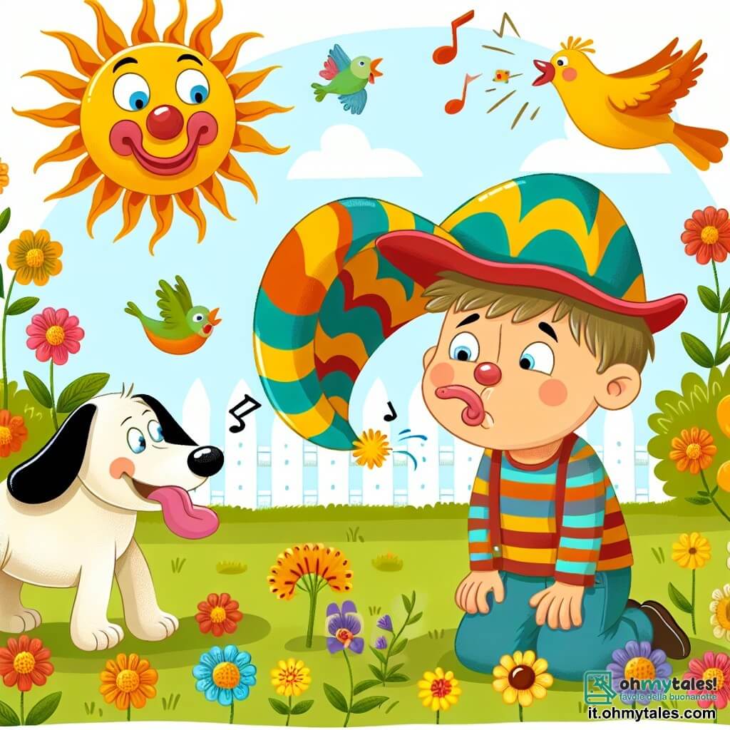 Une illustration destinée aux enfants représentant un garçon rigolo en train de faire des grimaces à un chien qui porte un chapeau de clown, dans un parc ensoleillé rempli de fleurs colorées et d'oiseaux chantants.