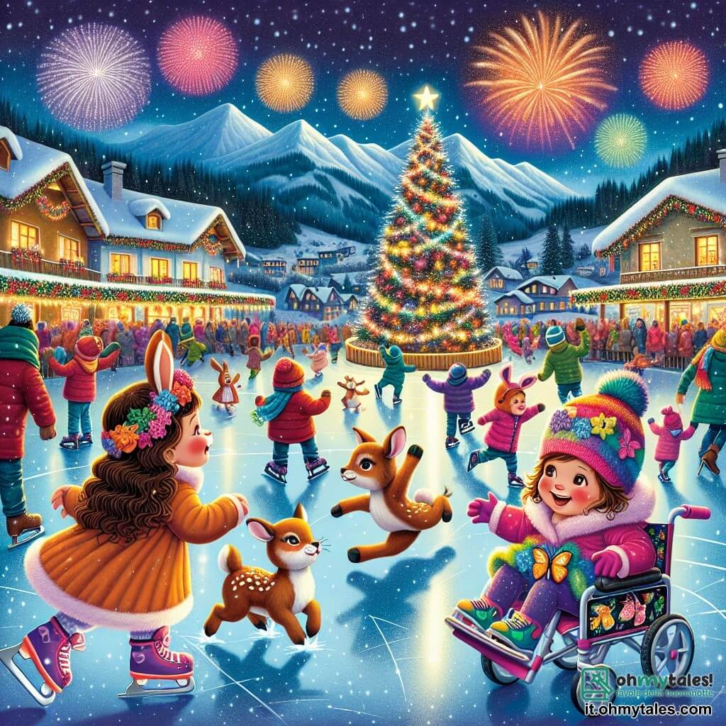 Illustrazione che rappresenta una scena festiva in un piccolo villaggio di montagna, illuminato da ghirlande colorate e un grande albero di Natale scintillante al centro della piazza. La neve copre il suolo, creando un tappeto bianco splendente, mentre fiocchi di neve cadono dolcemente dal cielo stellato. In primo piano, tre bambine di quattro anni: una con capelli ricci e un costume da coniglio, sorridente e piena di energia; un'altra con capelli lisci, vestita da volpe, che balla gioiosamente; e l'ultima, con capelli castani, seduta in una piccola sedia a rotelle decorata con colori vivaci, vestita da magnifico farfalla, osserva le sue amiche con occhi scintillanti di eccitazione. Le bambine sono circondate da famiglie e amici che si divertono, alcuni travestiti da animali, in un'atmosfera di gioia e risate. Sullo sfondo, fuochi d'artificio esplodono nel cielo, illuminando la notte con colori vivaci, mentre i bambini pattinano su una pista di pattinaggio improvvisata, aggiungendo alla magia di questa notte di Capodanno.