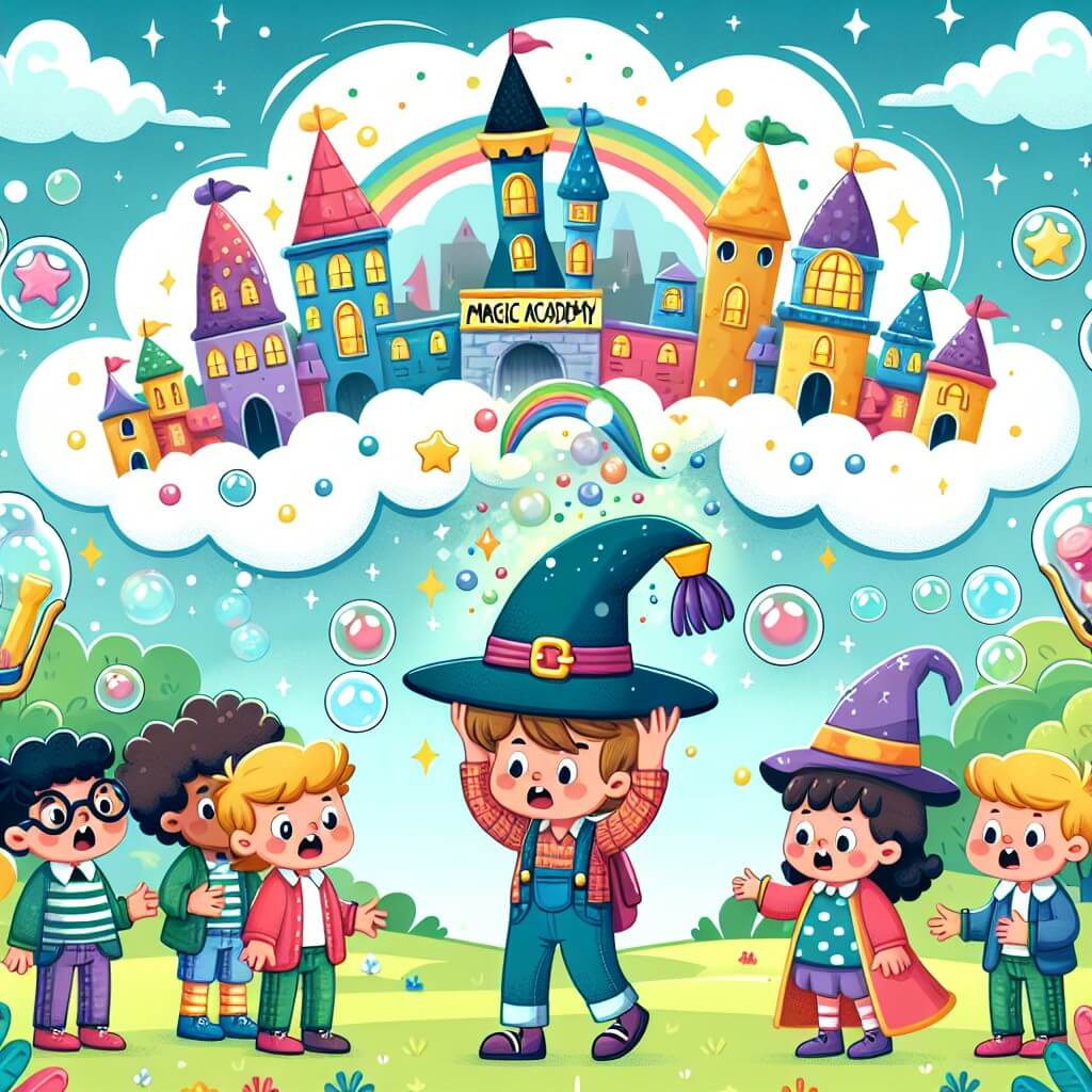 Une illustration destinée aux enfants représentant un jeune sorcier plein de malice, qui découvre un chapeau magique et se retrouve à l'Académie de Magie, entouré d'amis excentriques, dans un royaume enchanté rempli de tours colorées et de nuages ​​de bulles de savon.