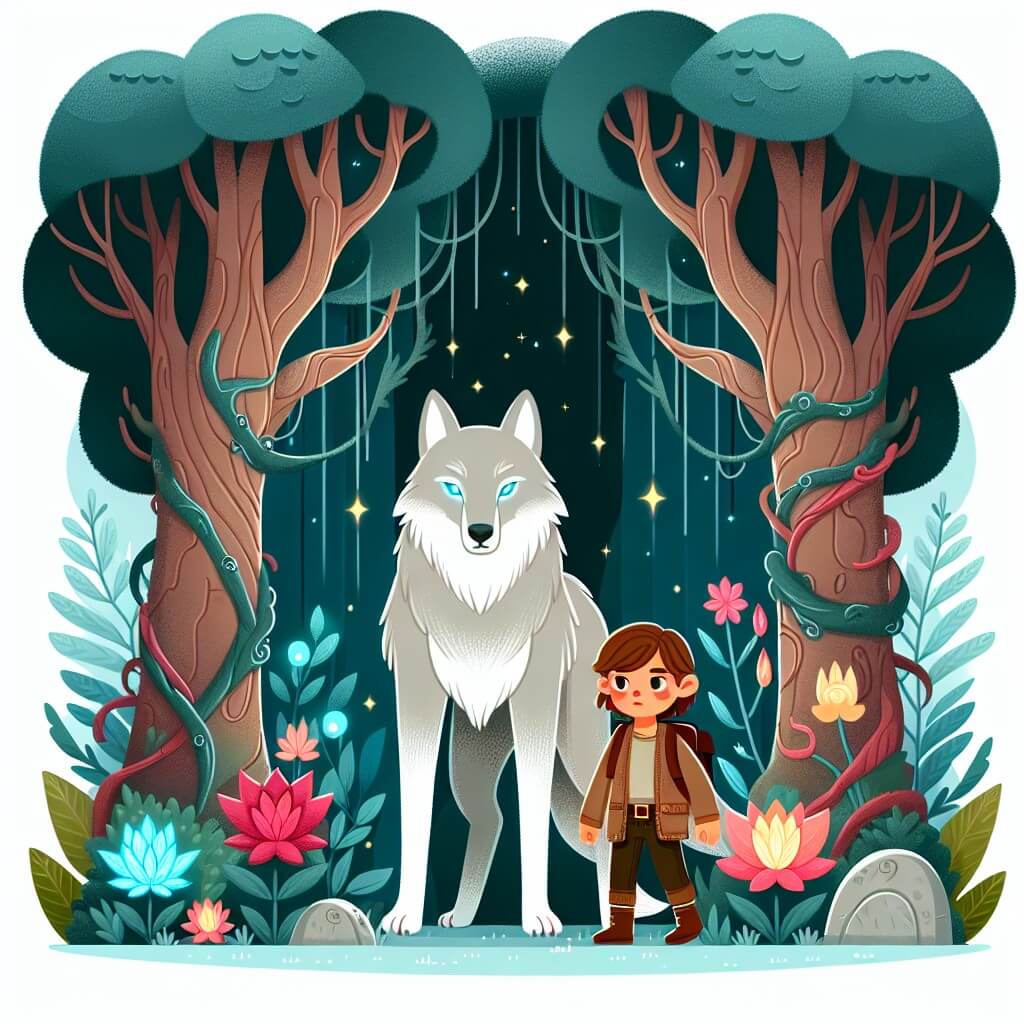 Une illustration destinée aux enfants représentant une créature mi-humaine mi-loup, évoluant dans un mystérieux bosquet enchanté, accompagnée d'un jeune aventurier, dans un paysage féerique où les arbres gigantesques se parent de fleurs lumineuses et les animaux parlent.