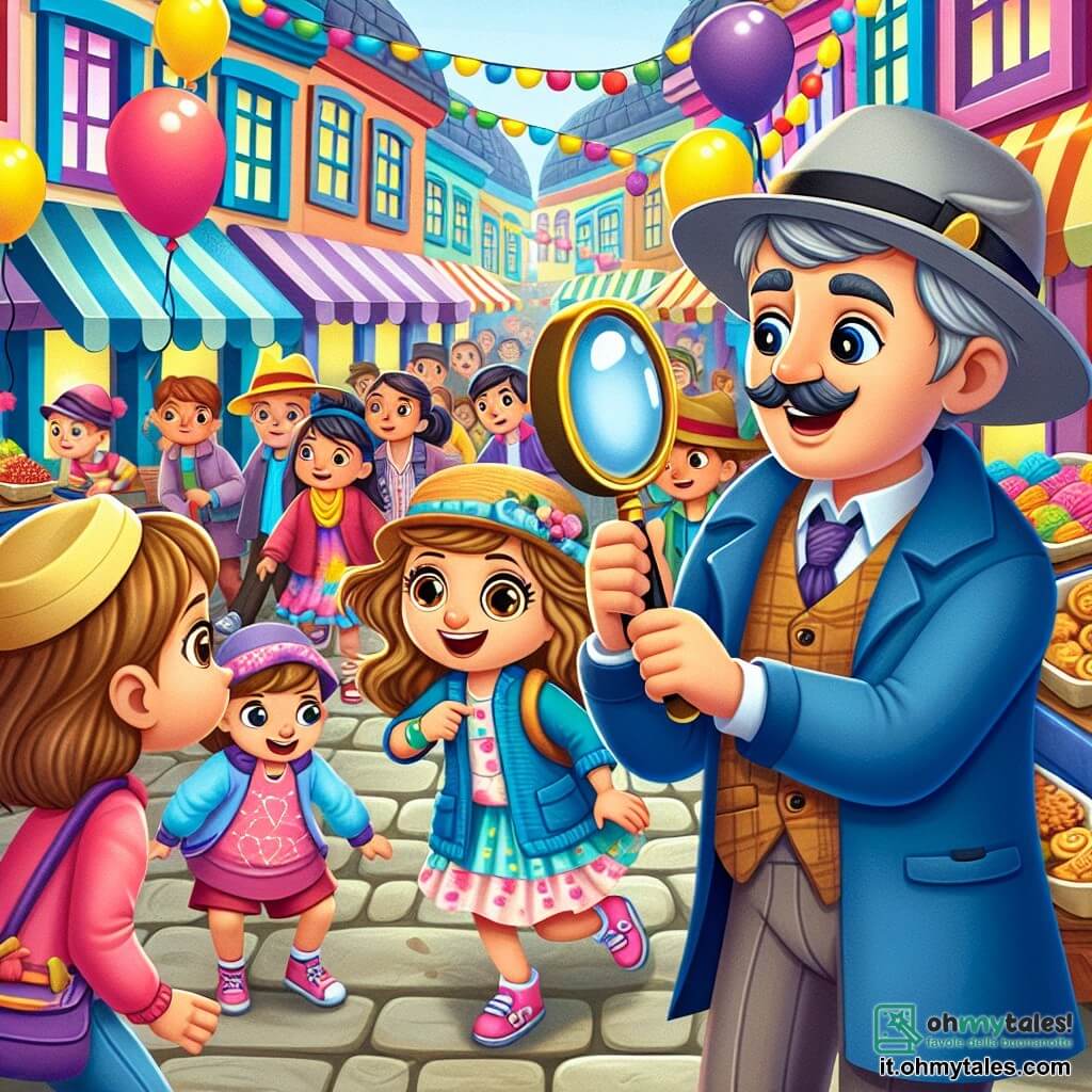 Une illustration sous forme de dessin destinée aux enfants représentant une scène vibrante du Festival des Couleurs dans une petite ville animée, avec des rues décorées de ballons colorés et des stands de nourriture, où un homme au chapeau gris et à la veste bleue, avec une loupe à la main, enquête sur la disparition d'un ballon doré, tandis qu'une petite fille aux cheveux bruns et à la robe rose, les yeux brillants d'espoir, lui montre où elle a vu le ballon pour la dernière fois, entourée d'autres enfants curieux aux vêtements colorés qui observent la scène avec enthousiasme.