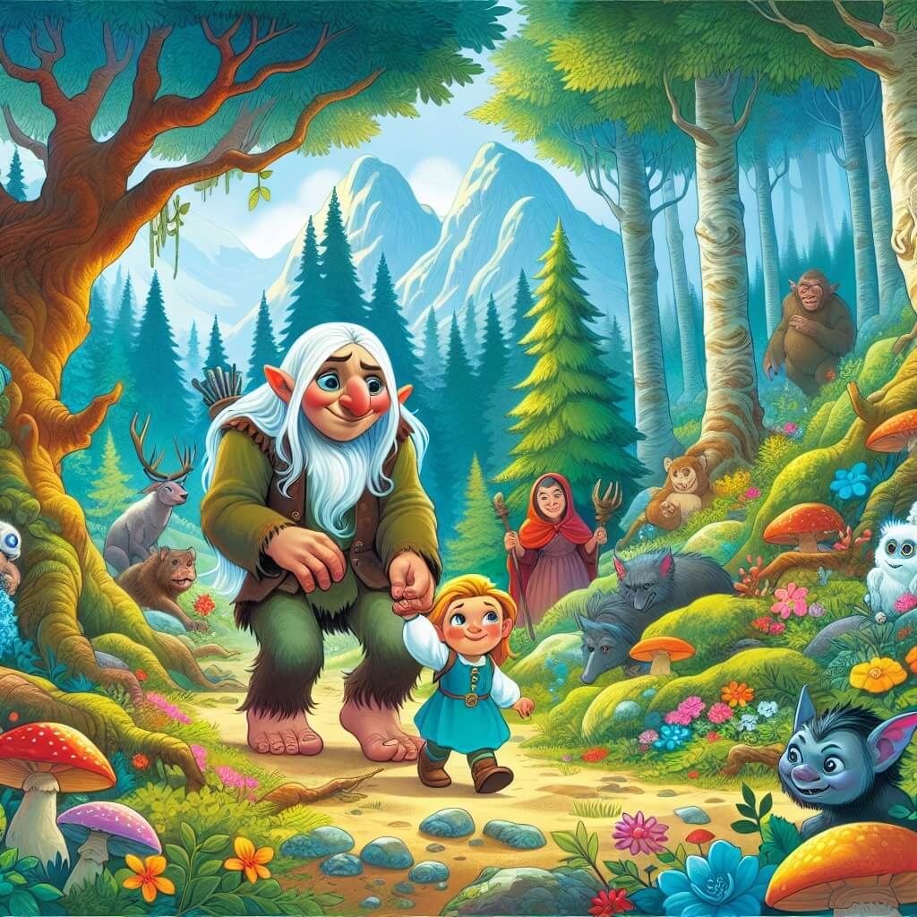 Une illustration destinée aux enfants représentant un troll curieux et perdu, accompagné d'un enfant et de sa maman bienveillante, dans une forêt enchantée remplie d'arbres majestueux, de fleurs éclatantes et d'animaux magiques.