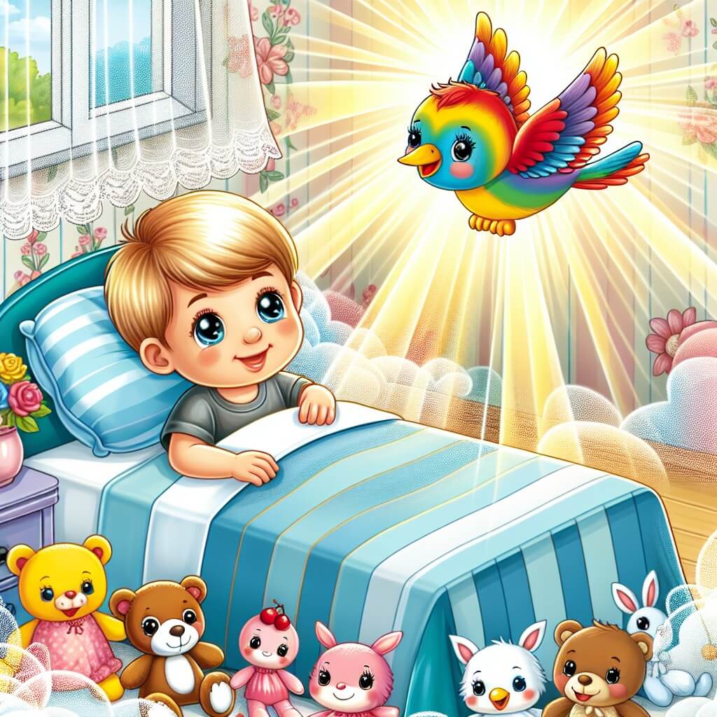 Une illustration destinée aux enfants représentant un jeune garçon aux yeux pétillants, allongé dans un lit entouré de peluches, tandis qu'un petit oiseau coloré vole joyeusement dans une pièce remplie de rayons de soleil filtrant à travers des rideaux en dentelle.