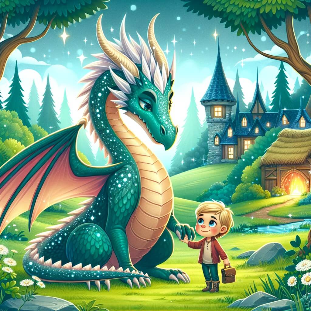 Une illustration destinée aux enfants représentant un dragon majestueux aux écailles étincelantes, se liant d'amitié avec un jeune garçon, dans un village enchanté entouré de prairies verdoyantes et d'un bois mystérieux.