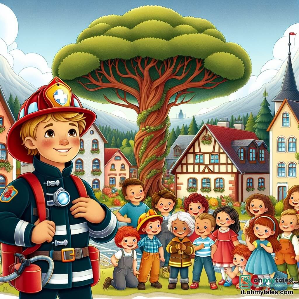 Une illustration destinée aux enfants représentant un jeune pompier courageux, un groupe de joyeux enfants et un arbre majestueux au cœur d'un village pittoresque, où se déroule une scène d'entraide et de solidarité.
