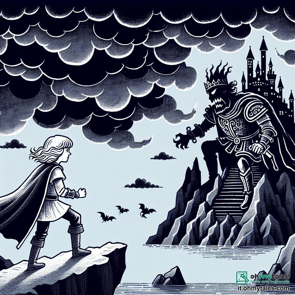Une illustration destinée aux enfants représentant une jeune guerrière intrépide, affrontant un sinistre seigneur des ténèbres aux pouvoirs maléfiques, dans un château lugubre et mystérieux, situé au sommet d'une montagne escarpée, entouré de nuages sombres et menaçants.