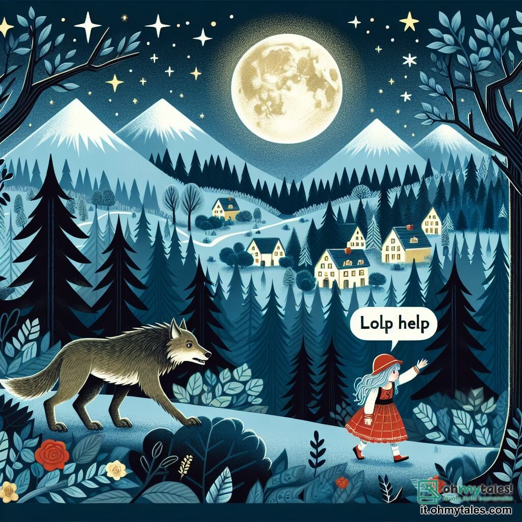 Une illustration destinée aux enfants représentant un loup-garou égaré cherchant de l'aide dans une forêt enchantée, accompagné d'une jeune fille courageuse et d'une lune magique brillante dans le ciel étoilé du petit village.