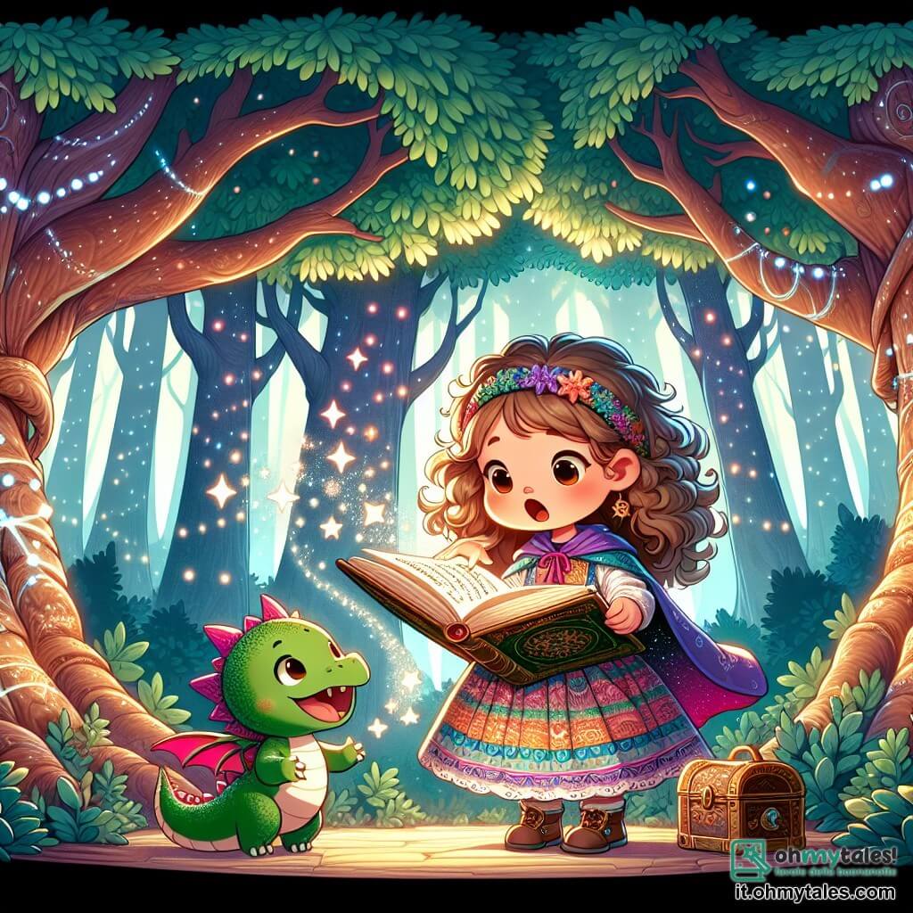 Une illustration sous forme de dessin destinée aux enfants représentant une forêt magique aux arbres gigantesques et aux feuilles scintillantes, où une petite fille aux cheveux bouclés et à la robe colorée, apprentie sorcière, tient un livre incanté ouvert devant elle, entourée d'un petit drago aux écailles brillantes qui l'écoute attentivement, tandis qu'une douce lumière émanant des étoiles éclaire la scène, capturant l'instant où elle raconte une histoire pour obtenir la clé d'un cofanetto magique.