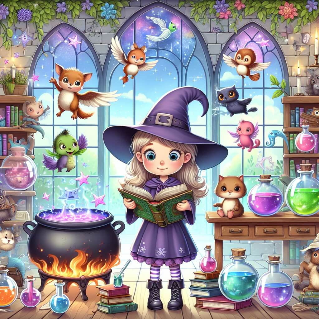 Une illustration destinée aux enfants représentant une apprentie sorcière, entourée d'animaux magiques parlants, dans un laboratoire enchanteur rempli de chaudrons bouillonnants, de livres volants et de potions colorées, au cœur de la mystérieuse et féerique Magialandia.