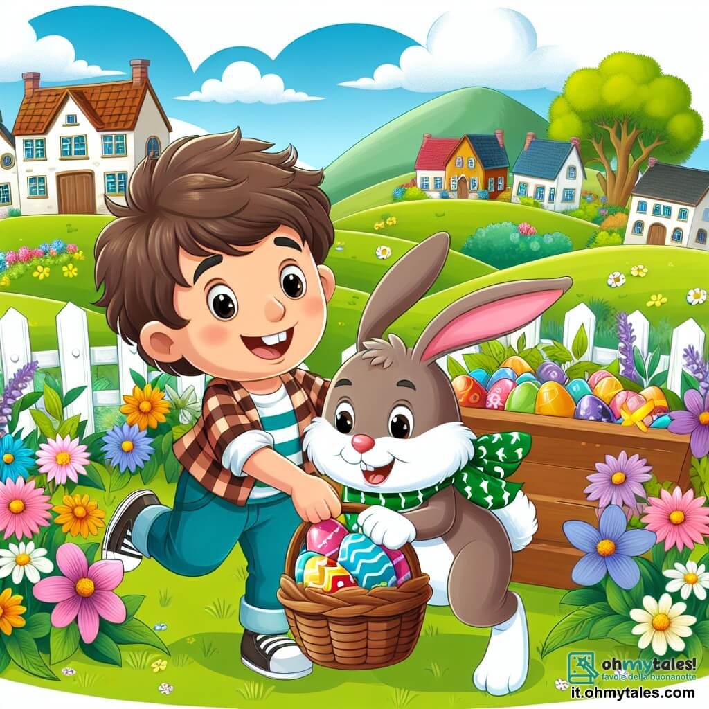 Une illustration destinée aux enfants représentant un garçon curieux et joyeux, aidant un coniglietto colorato à cacher des œufs en chocolat dans un village pittoresque entouré de prati verdi e fiori colorati.