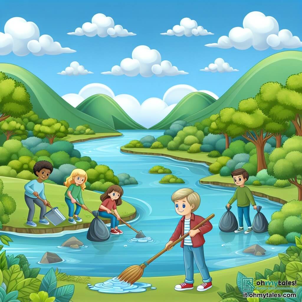 Une illustration destinée aux enfants représentant un garçon passionné par la nature, accompagné de ses amis, nettoyant un magnifique fiume limpide et entouré de verdoyantes colline, sous un cielo azzurro parsemé de nuages blancs.