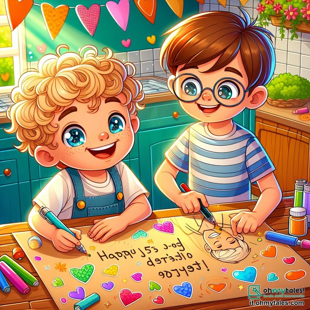 Une illustration sous forme de dessin destinée aux enfants représentant une cuisine colorée et ensoleillée, où un garçon de 5 ans aux cheveux bouclés et aux yeux pétillants, souriant avec enthousiasme, est en train de dessiner un grand carton décoré avec des couleurs vives et des autocollants en forme de cœur, tandis qu'un ami, un garçon aux cheveux courts et aux lunettes, l'aide en écrivant des mots joyeux sur le carton, le tout dans une ambiance festive et créative, préparant une surprise pour la fête des pères.