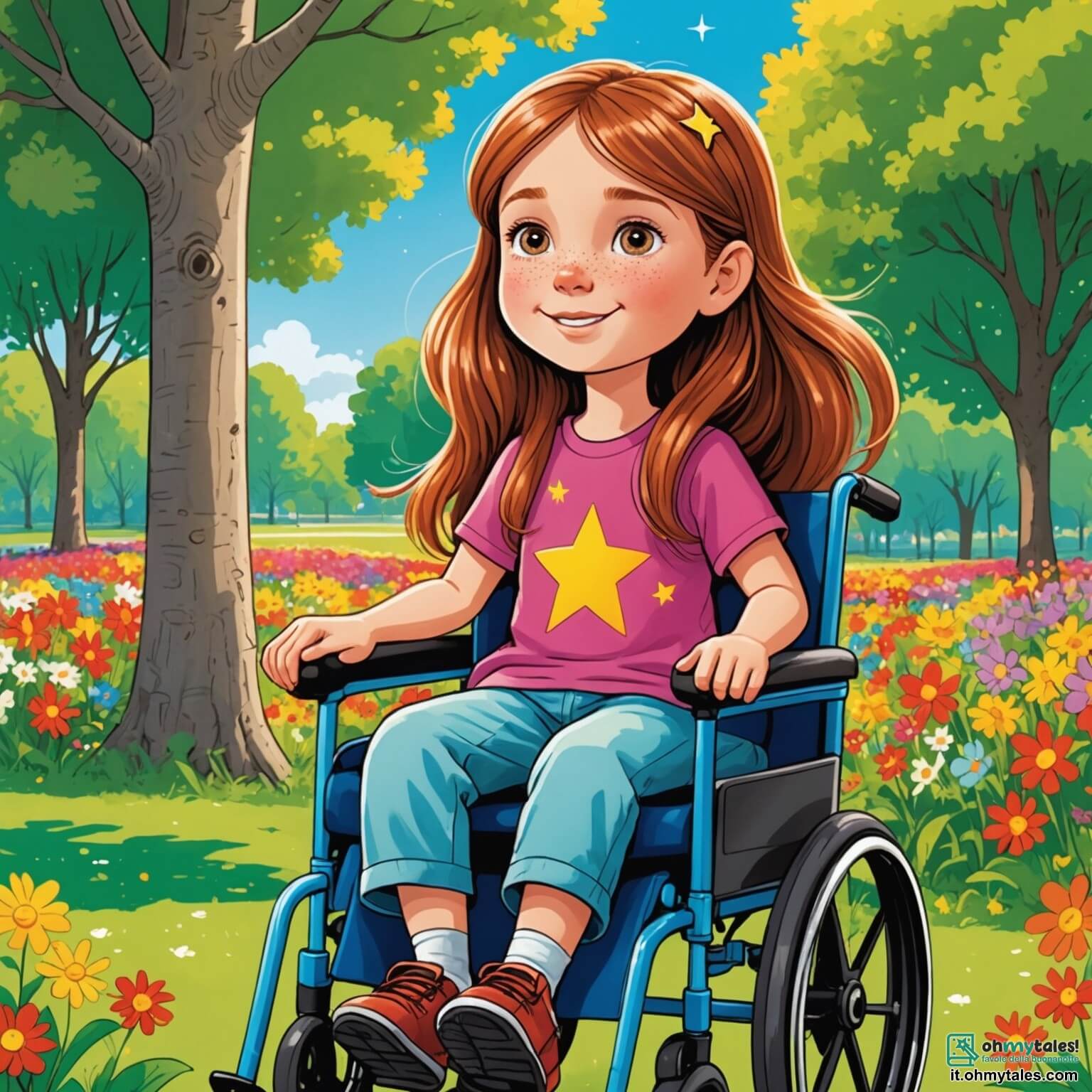 Une illustration destinée aux enfants représentant une petite fille aux longs cheveux châtains et aux yeux pétillants comme des étoiles, assise dans une jolie chaise roulante ornée de couleurs vives, qui, malgré son handicap, rayonne de joie et de détermination dans un parc ensoleillé rempli de fleurs éclatantes et d'arbres majestueux, où elle s'amuse à arbitrer une partie de football avec des enfants de son âge, dont un garçon aux cheveux blonds espiègles et une fille aux couettes rousses, tous deux riant et courant autour d'elle, créant ainsi un tableau vivant de camaraderie et d'inclusion sous un ciel bleu parsemé de nuages cotonneux.