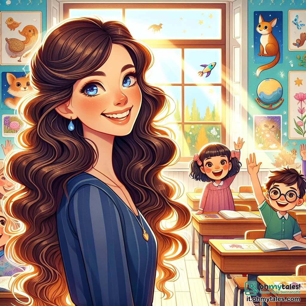 Une illustration destinée aux enfants représentant une institutrice au sourire chaleureux, avec de longs cheveux bruns flottant comme des vagues de chocolat, se tenant devant une classe colorée où les murs sont ornés de dessins d'animaux et de planètes, entourée de ses élèves, une petite fille aux couettes dorées qui lève la main avec enthousiasme et un garçon aux lunettes rondes qui regarde avec des yeux brillants de curiosité, alors qu'ils s'apprêtent à découvrir les merveilles de l'espace à travers un projet créatif dans une salle de classe lumineuse, remplie de lumière naturelle filtrant par de grandes fenêtres, où des rayons de soleil dansent sur les bureaux en bois et où l'air est rempli de rires et d'imagination.