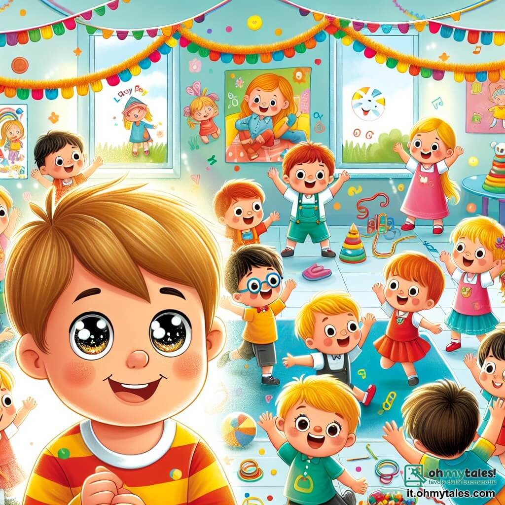 Une illustration destinée aux enfants représentant un petit garçon aux yeux pétillants vivant une journée pleine de jeux et de rires à l'école maternelle "Arcobaleno", entouré de ses amis joyeux, dans une classe lumineuse décorée de dessins colorés et de guirlandes festives.