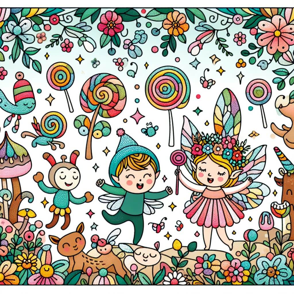 Une illustration destinée aux enfants représentant une fée joyeuse et étincelante, qui rencontre une créature rigolote dans un jardin enchanté rempli de fleurs multicolores, d'arbres en forme de bonbons et d'animaux qui dansent au rythme d'une musique enjouée.