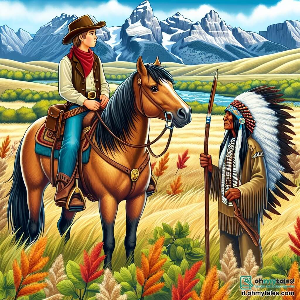 Une illustration destinée aux enfants représentant un jeune cow-boy courageux se tenant fièrement aux côtés de son fidèle cheval dans l'immensité des prairies sauvages de l'Ouest américain, en compagnie d'un sage chef indien aux plumes colorées.