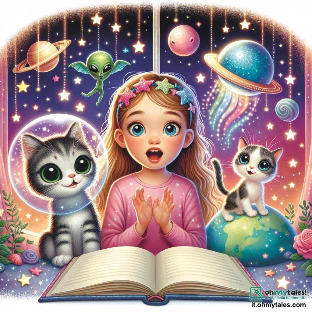 Une illustration destinée aux enfants représentant une fille émerveillée par la rencontre d'adorables extraterrestres, accompagnée de son loyal chaton curieux, sur une station spatiale scintillante entourée d'étoiles scintillantes et de planètes colorées.