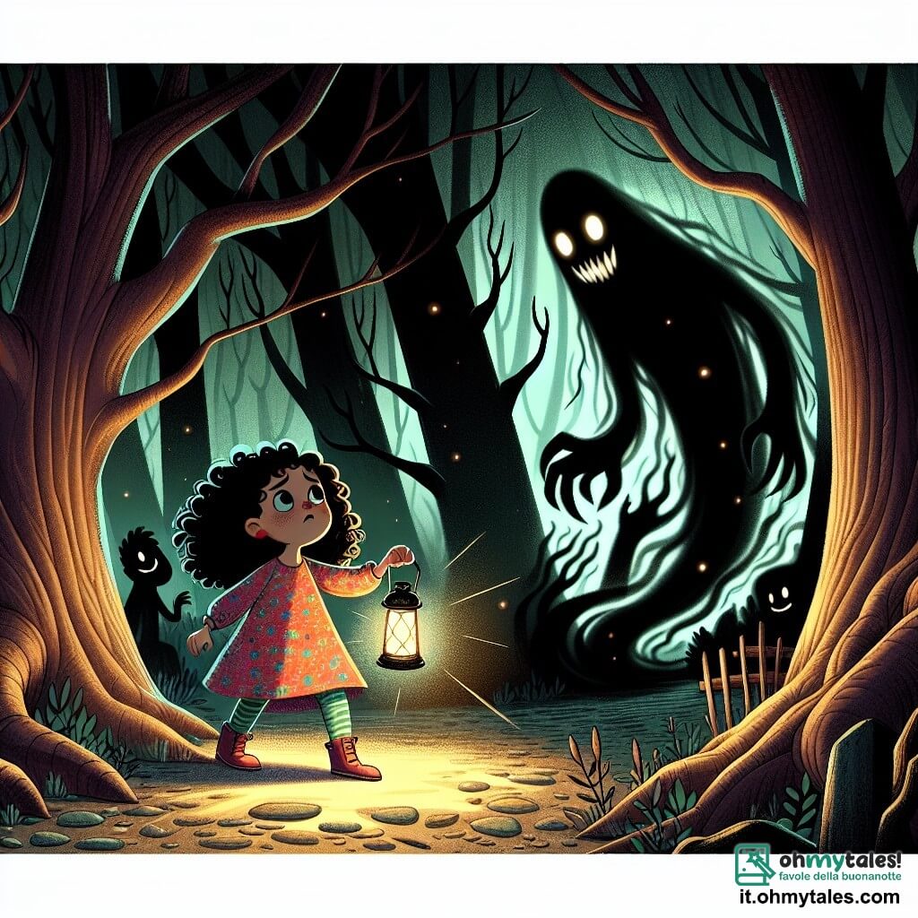 Une illustration sous forme de dessin destinée aux enfants représentant une forêt sombre et mystérieuse, avec des arbres aux troncs tordus et des ombres dansantes, où une fille de 11 ans, aux cheveux bouclés et vêtue d'une robe colorée, se tient courageusement au centre, tenant une petite lanterne qui éclaire son visage déterminé, tandis qu'une créature des ombres, grande et floue avec des yeux brillants, se profile derrière un arbre, créant une atmosphère à la fois effrayante et fascinante, illustrant le moment où la jeune fille affronte ses peurs dans le royaume des ombres.