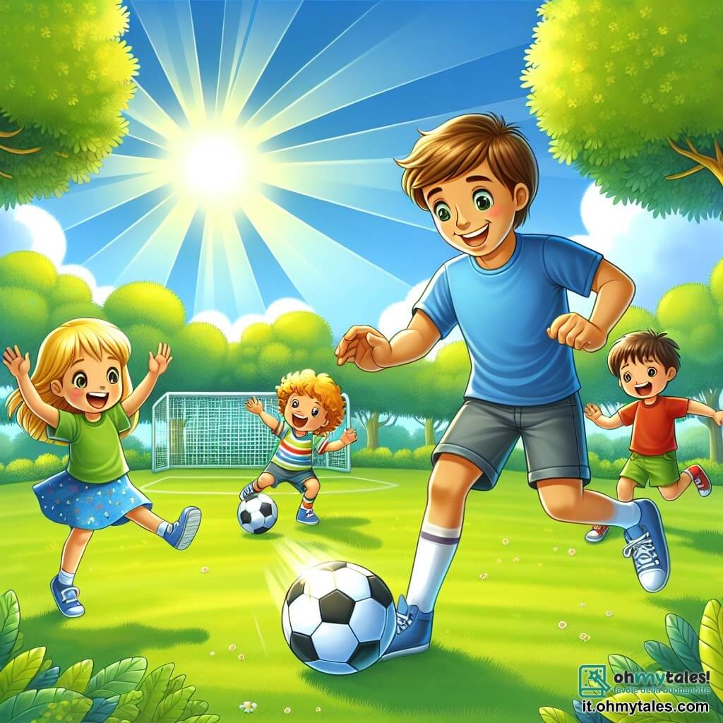 Illustration destinée aux enfants représentant un parc verdoyant sous un ciel bleu éclatant, avec des arbres feuillus et un terrain de football en herbe. Au centre, un homme souriant, avec des cheveux bruns et des yeux pétillants, porte une t-shirt bleu et des shorts, en train de montrer aux enfants comment frapper un ballon de football. À ses côtés, une fille aux cheveux blonds, avec une robe colorée, saute de joie en applaudissant, tandis qu'un garçon aux cheveux châtains, vêtu d'un t-shirt rouge, se prépare à tirer sur le ballon avec détermination. La scène dégage une atmosphère de joie et d'amitié, avec le ballon de football brillant au soleil, prêt à être frappé.