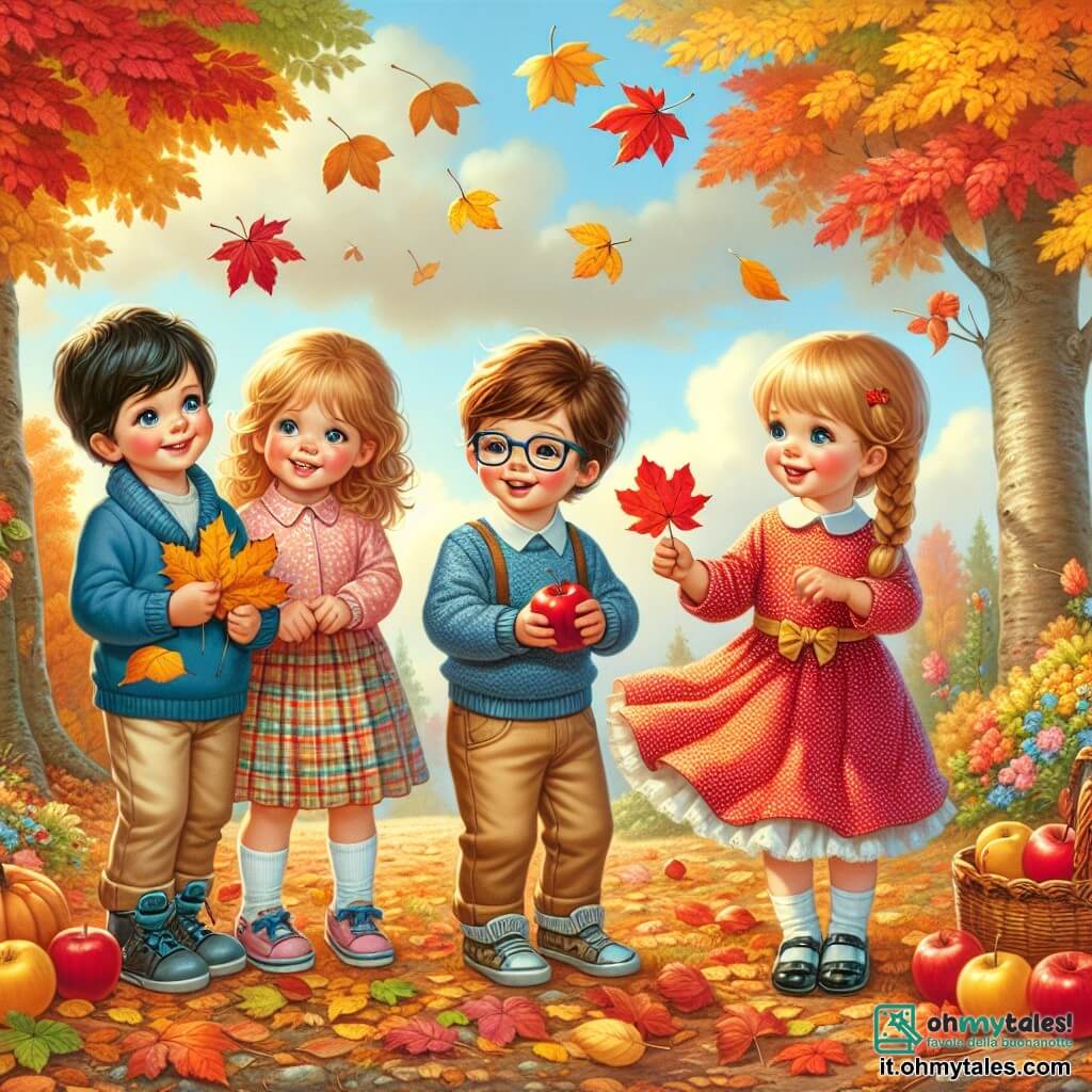 Illustrazione che rappresenta un incantevole boschetto autunnale, con alberi dalle foglie brillanti di colori gialli, arancioni e rossi, e un tappeto di foglie cadute sul terreno. Al centro, tre bambini sono riuniti: un ragazzo di circa 6 anni, con capelli castani in disordine, che indossa un maglione blu e pantaloni beige, sorride tenendo in mano una grande foglia rossa. Accanto a lui, una ragazza di circa 5 anni, con capelli biondi intrecciati, vestita con un abito rosa a pois, guarda meravigliata una mela rossa appena raccolta. Infine, un altro ragazzo di circa 6 anni, con capelli castani e occhiali, indossa una camicia a quadri e pantaloni corti, pronto a raccogliere una foglia dorata. Sullo sfondo, il cielo è di un blu chiaro e alcune nuvole bianche fluttuano dolcemente, mentre un piccolo cesto di vimini pieno di mele e foglie colorate è posato a terra accanto a loro. L'atmosfera è gioiosa e calorosa, catturando lo spirito dell'autunno e l'amicizia tra i bambini.