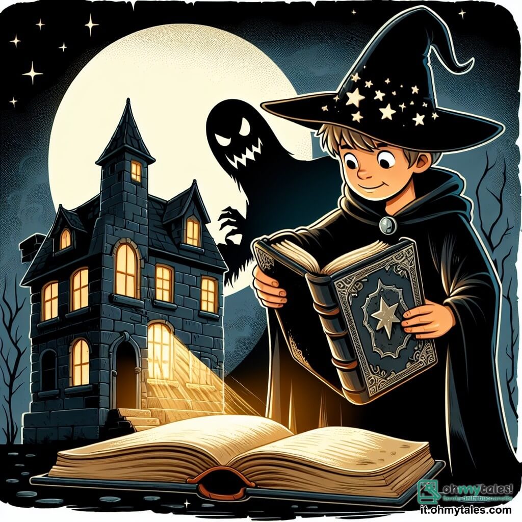 Une illustration destinée aux enfants représentant un garçon vêtu d'un mantello noir et d'un chapeau à pointes orné d'étoiles argentées, découvrant un livre antique dans une maison hantée aux murs craquelés et aux fenêtres éclairées par la lueur de la lune, tandis qu'une ombre menaçante se profile derrière lui.