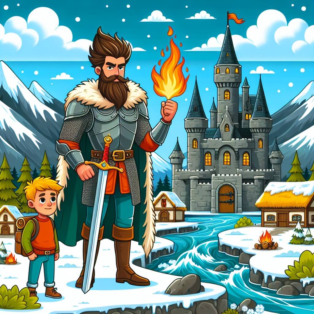 Une illustration destinée aux enfants représentant un homme barbu, habillé en armure médiévale, tenant une épée flamboyante, se tenant devant un majestueux château en pierre, entouré de montagnes enneigées et d'un fleuve tumultueux, avec un jeune garçon curieux à ses côtés, dans un village pittoresque du Moyen Âge.