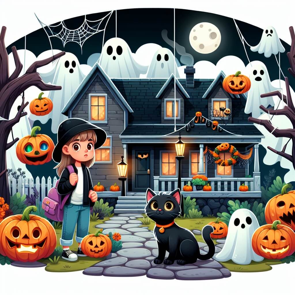 Une illustration destinée aux enfants représentant une jeune fille passionnée par Halloween, qui se retrouve dans une maison abandonnée, accompagnée d'un mystérieux chat noir, dans un quartier décoré de citrouilles sculptées, de fantômes suspendus aux arbres et de ragnatele artificielles.