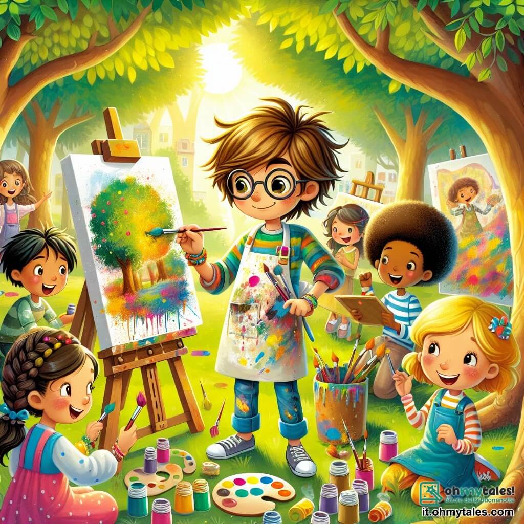 Illustrazione che rappresenta una scena vibrante in un parco soleggiato, dove alberi con foglie verdi brillanti circondano un ampio spazio aperto. Al centro, un giovane artista, un ragazzo di circa undici anni con capelli castani disordinati e occhi scintillanti di creatività, è accovacciato davanti a una tela. Indossa una maglietta colorata, un grembiule macchiato di vernice e tiene un pennello nella mano destra, immerso nella creazione di un quadro dai colori vivaci. Intorno a lui, un gruppo di quattro bambini, due ragazzi e due ragazze, di età compresa tra sei e dieci anni, osserva con fascinazione. Uno dei ragazzi, con occhiali e capelli biondi, tiene un barattolo di vernice, mentre una ragazza con capelli ricci e un vestito rosa sorride tenendo un pennello. Gli altri bambini, un ragazzo con capelli neri e una ragazza con trecce, discutono allegramente, impazienti di iniziare a dipingere. La scena principale mostra il giovane artista che insegna ai bambini come esprimere la loro creatività attraverso la pittura, circondati da tele colorate e barattoli di vernice sparsi sull'erba. Schizzi di vernice colorata decorano il terreno, e gli uccelli cantano sugli alberi, aggiungendo un tocco di magia a questo momento di condivisione artistica.