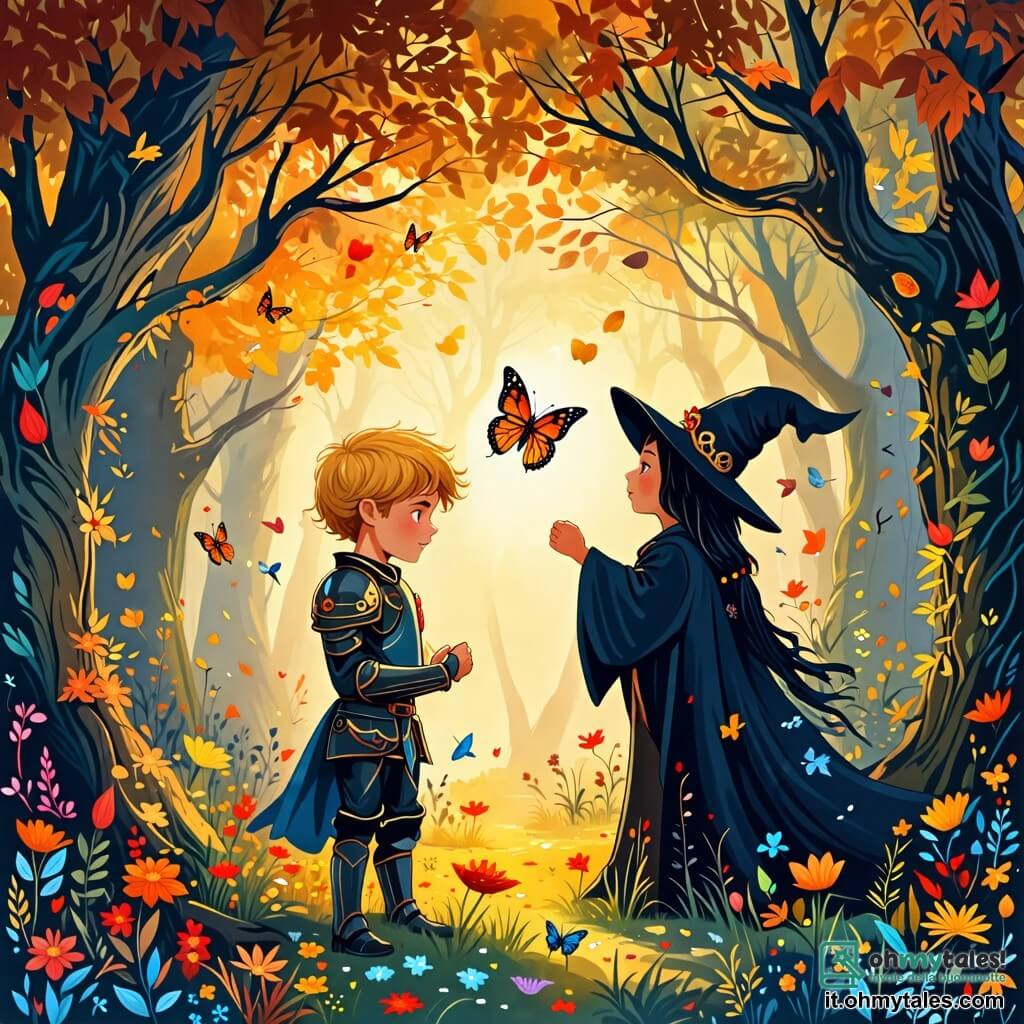 Une illustration sous forme de dessin destinée aux enfants représentant une forêt enchantée, avec des arbres majestueux aux feuilles scintillantes et des fleurs colorées, où un prince courageux aux cheveux dorés et à l'armure brillante se tient fermement, les poings serrés, face à une sorcière maléfique au visage sombre et à la robe noire flottante, tandis qu'une douce farfalla aux ailes multicolores vole autour d'eux, illuminant la scène d'une lumière chaleureuse, symbolisant l'amour et l'espoir qui triomphent des ténèbres.