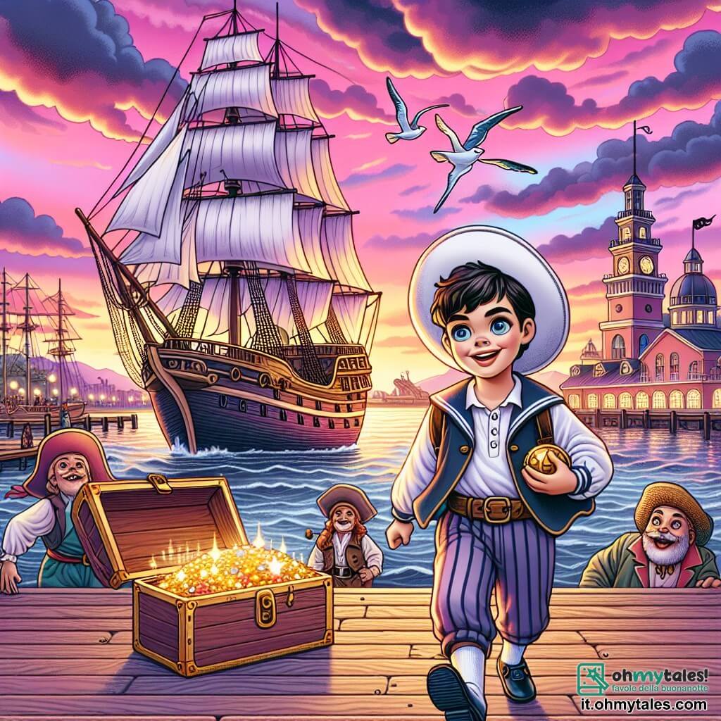 Une illustration sous forme de dessin destinée aux enfants représentant un port coloré au crépuscule, avec un jeune homme aux cheveux noirs et aux yeux bleus, vêtu de vêtements de marin, qui se tient sur le quai, regardant avec émerveillement un majestueux vaisseau pirate aux voiles gonflées par le vent, tandis qu'un robuste garçon au sourire contagieux, portant un chapeau de paille, s'approche en courant avec un trésor scintillant dans les mains, symbolisant leur aventure audacieuse à la recherche de mystères et de trésors cachés.