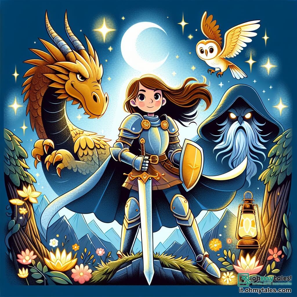 Une illustration sous forme de dessin destinée aux enfants représentant une jeune chevaleresse courageuse, avec une armure scintillante et des cheveux longs flottant au vent, brandissant une épée brillante au sommet d'une montagne majestueuse, entourée de créatures magiques comme un grand dragon doré aux yeux étincelants et un sage gufo perché sur un arbre, alors qu'elle se prépare à affronter un magicien maléfique enveloppé d'ombres, avec un ciel étoilé en toile de fond et des fleurs lumineuses éparpillées autour d'eux, symbolisant l'espoir et la magie de son aventure.
