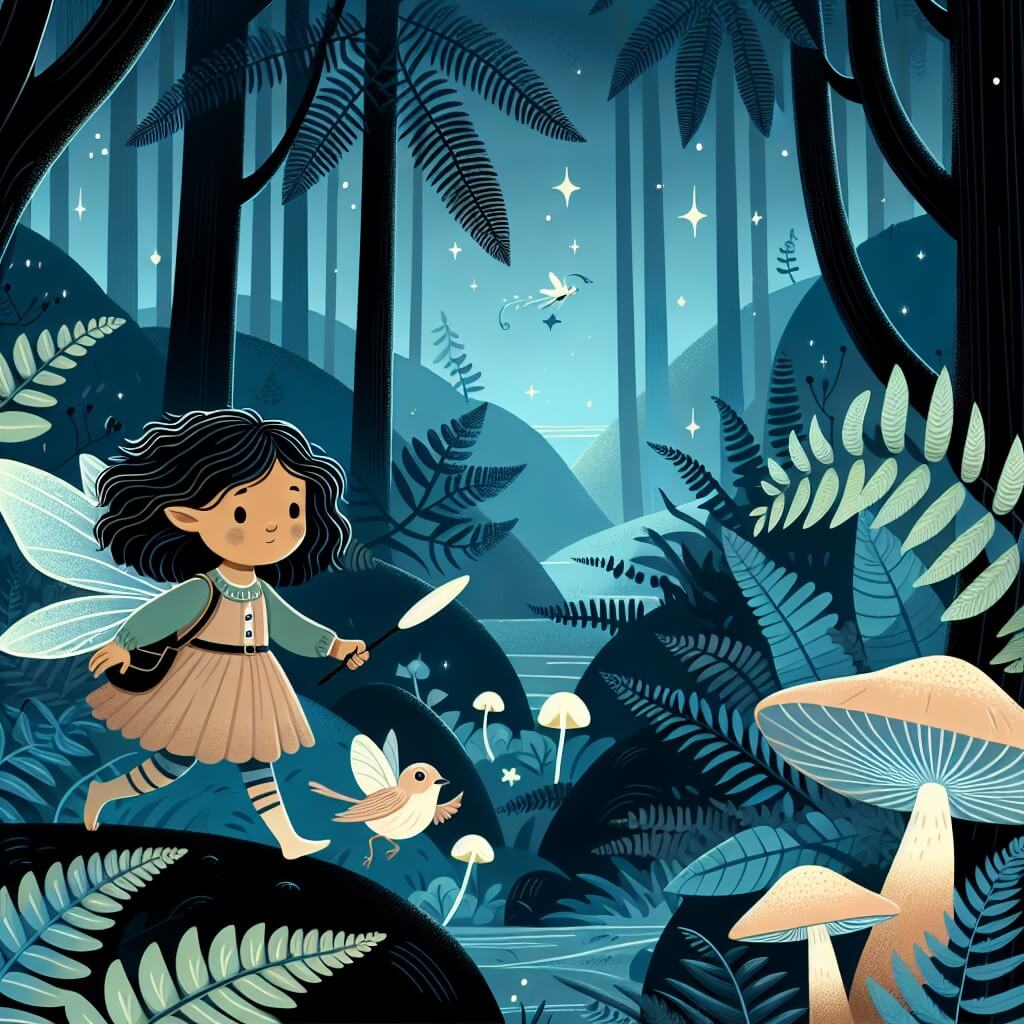 Une illustration destinée aux enfants représentant une fée courageuse, perdue dans une sombre forêt enchantée, accompagnée d'un petit oiseau, dans un paysage de fougères géantes et de champignons lumineux.