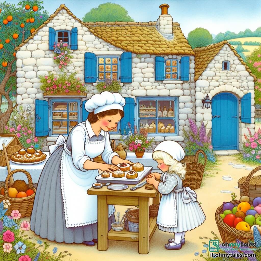 Une illustration destinée aux enfants représentant une talentueuse boulangère (femme) préparant des délices sucrés avec l'aide d'une petite fille curieuse (fille) dans une charmante boulangerie en pierre aux volets bleus, entourée de champs fleuris et d'arbres fruitiers, dans le village de Fiordorcia.