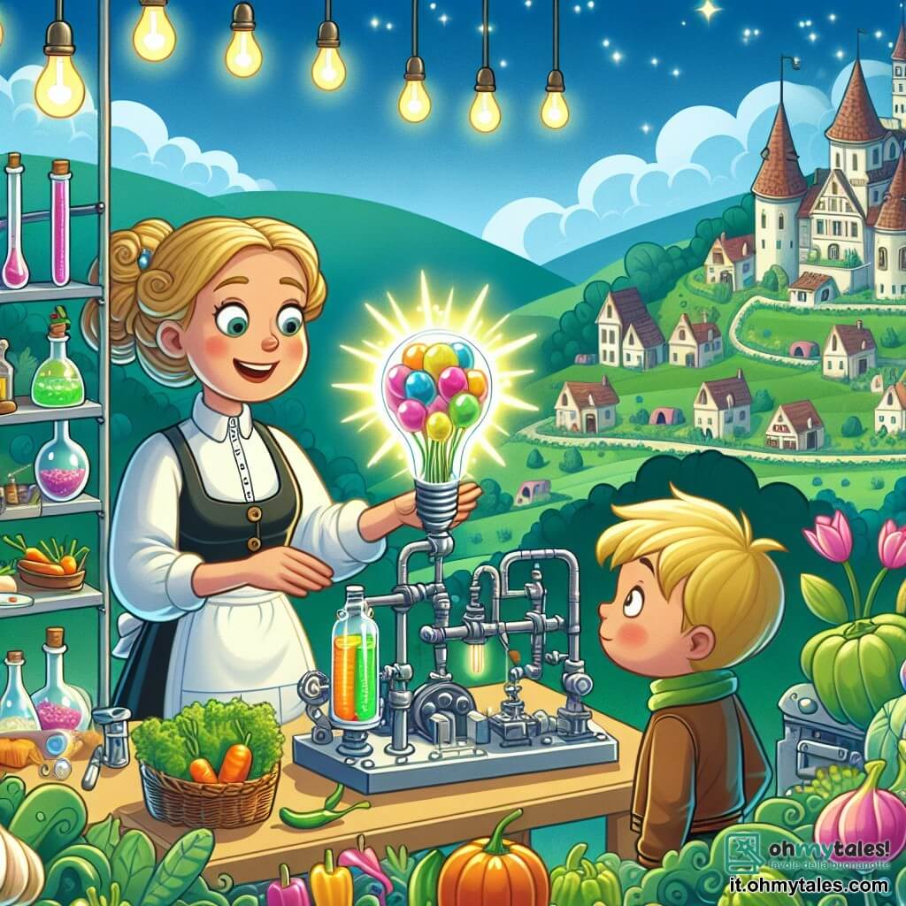 Une illustration destinée aux enfants représentant une femme inventrice géniale, en train de présenter sa machine à transformer les légumes en ballons de baudruche colorés à un petit garçon curieux, dans un laboratoire magique rempli de tubes lumineux et d'étagères remplies d'outils étincelants, situé au sommet d'une colline verdoyante surplombant un village pittoresque.