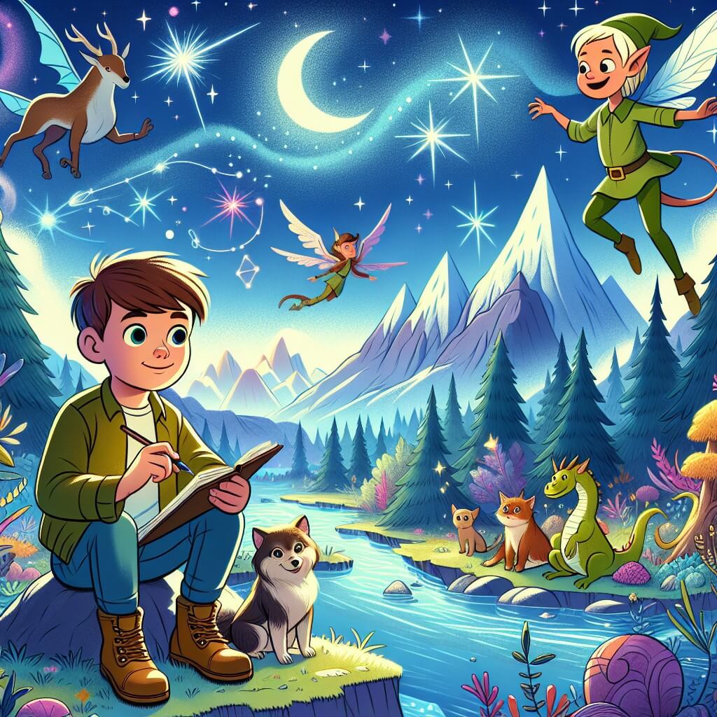 Une illustration destinée aux enfants représentant un jeune garçon plein de curiosité, plongé dans un monde féerique rempli de créatures farfelues, accompagné d'un elfe malicieux, dans un paysage enchanteur parsemé de forêts luxuriantes, de montagnes majestueuses et de rivières étincelantes.