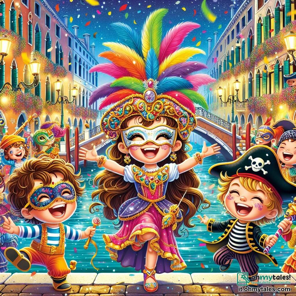 Illustrazione che rappresenta una scena vibrante del Carnevale di Venezia. Sullo sfondo, canali scintillanti riflettono i colori vivaci dei costumi, mentre edifici storici ornati di balconi fioriti aggiungono un tocco di magia. In primo piano, una ragazza di 9 anni, con lunghi capelli castani e occhi scintillanti, indossa una magnifica maschera decorata con piume multicolori. Danza gioiosamente, con le braccia alzate verso il cielo, circondata da un'aura di felicità. Accanto a lei, due ragazzi di circa 8 anni, uno con una maschera di leone dorata e l'altro con una maschera da pirata, ridono e si divertono. Il ragazzo con la maschera di leone ha capelli ricci e indossa un costume a righe, mentre il pirata ha un bandana rosso e una camicia a righe nere. Insieme formano un cerchio di gioia, celebrando lo spirito del Carnevale. La scena è piena di coriandoli colorati che fluttuano nell'aria, musicisti che suonano strumenti festivi e altri bambini in costumi vari che danzano intorno a loro, creando un'atmosfera di festa e amicizia.