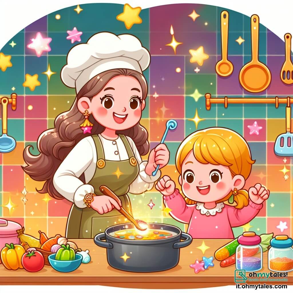 Une illustration destinée aux enfants représentant une femme chef cuisinier souriante, préparant un festin magique, accompagnée d'un enfant curieux, dans une cuisine colorée et chaleureuse remplie d'ustensiles de cuisine étincelants et d'ingrédients colorés.