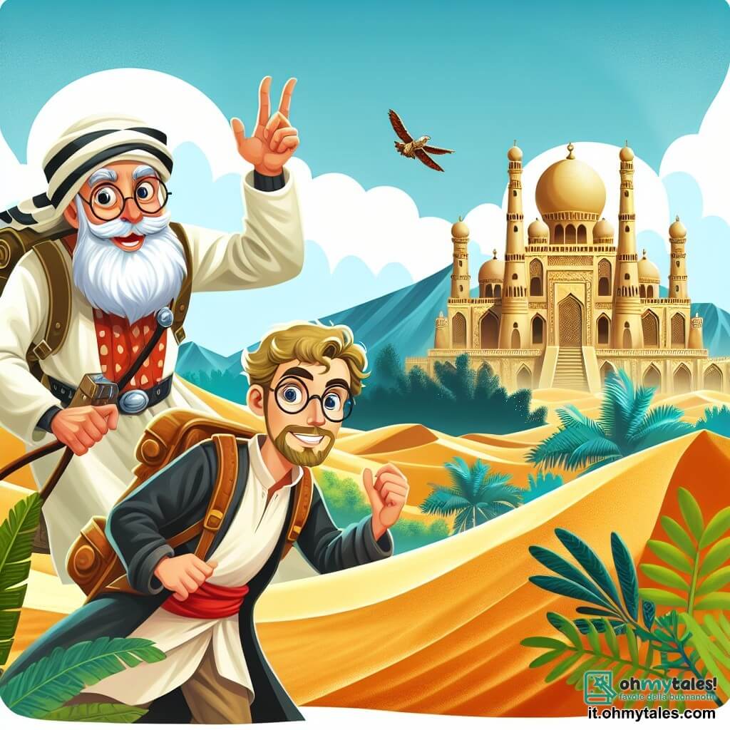 Une illustration destinée aux enfants représentant un courageux explorateur, accompagné d'un excentrique professeur, affrontant les épreuves du désert mystérieux d'Al-Abd, avec ses dunes de sable doré et ses ruines anciennes cachées parmi les oasis verdoyantes.