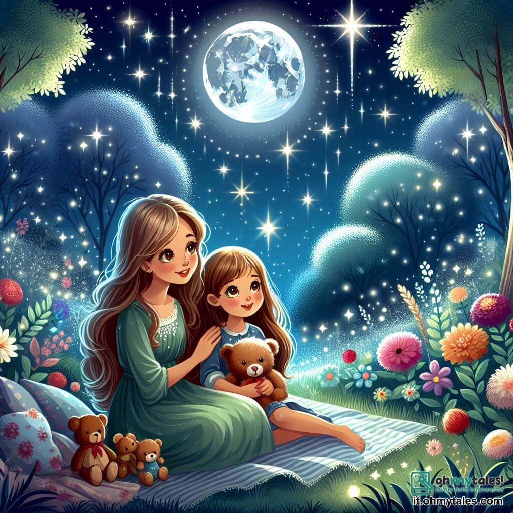 Illustrazione che rappresenta una notte stellata in un giardino incantevole, dove la luna brilla alta nel cielo, proiettando una dolce luce argentata su fiori colorati e alberi dalle foglie delicate. Al centro dell'immagine, una ragazza di 9 anni, con lunghi capelli castani e occhi scintillanti, è seduta sull'erba, circondata da peluche. Tiene un orsetto tra le braccia, mostrando un sorriso incantato mentre guarda le stelle scintillanti sopra di lei. Accanto a lei, sua madre, una donna di trent'anni, con capelli castani e un abito leggero, si inginocchia sorridendo, condividendo una storia confortante. La scena trasmette un'atmosfera di magia e serenità, con stelle brillanti e ombre morbide che danzano intorno, evocando un senso di sicurezza e avventura nel buio.