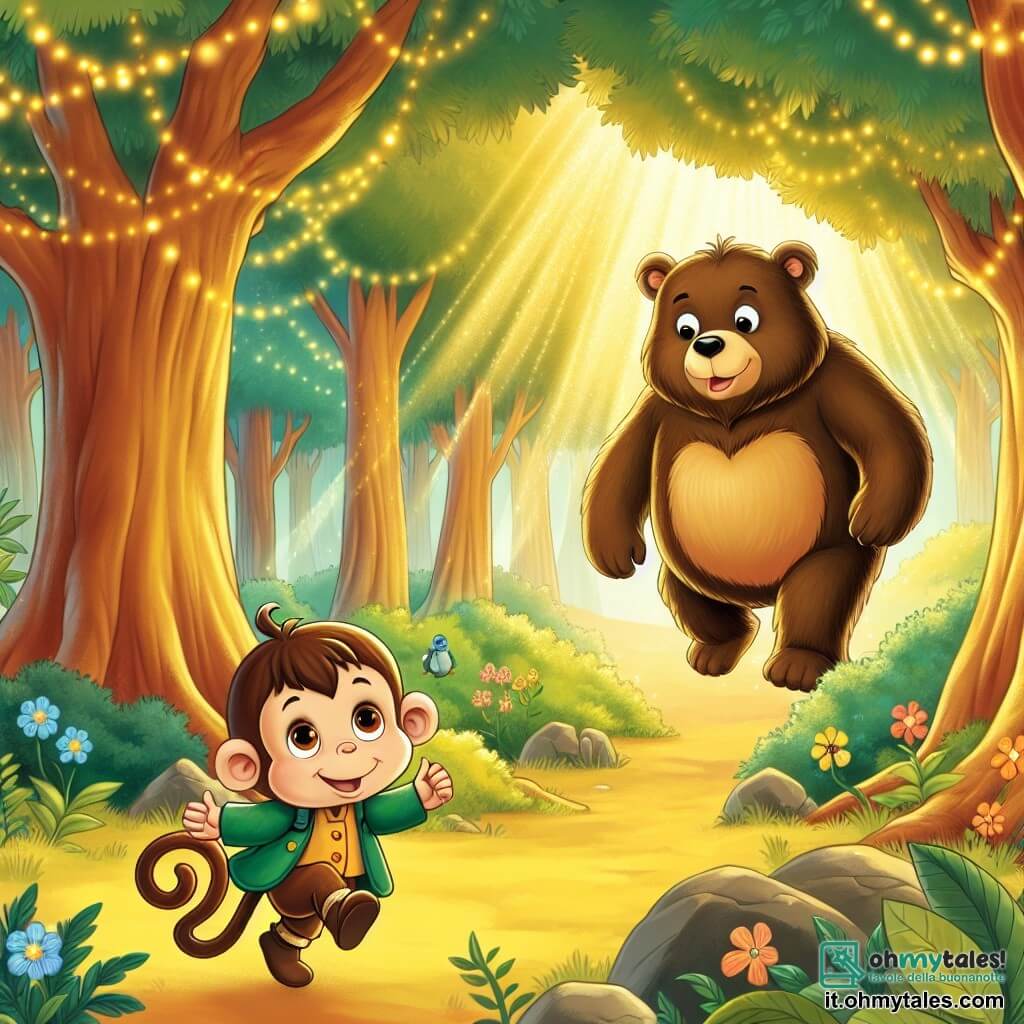 Une illustration destinée aux enfants représentant un singe espiègle explorant une radura incantée, accompagné d'un imposant orso, dans une forêt magique illuminée par une luce dorée.