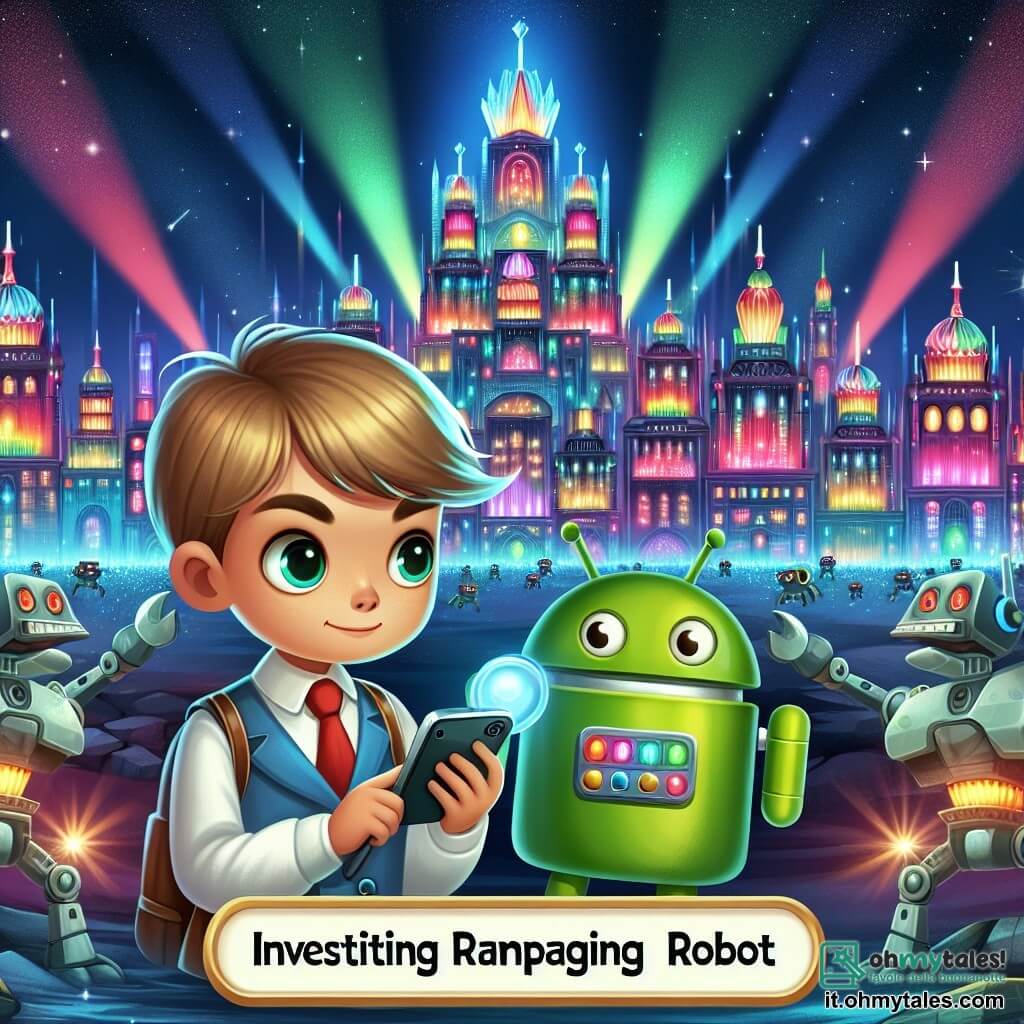 Une illustration destinée aux enfants représentant un garçon curieux et ingénieux, accompagné de son fidèle robot androïde, enquêtant sur des robots en folie dans la Città di Cristallo, une ville futuriste aux palais scintillants et aux rues illuminées de mille couleurs.