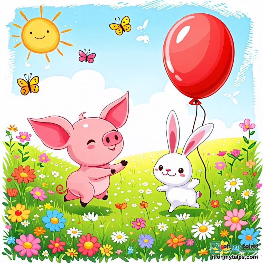 Une illustration sous forme de dessin destinée aux enfants représentant un vaste pré verdoyant parsemé de fleurs colorées, avec un petit cochon rose aux grandes oreilles qui saute de joie en poussant un ballon rouge brillant, tandis qu'un adorable lapin blanc aux longues oreilles et aux yeux pétillants le suit en riant, tous deux plongés dans un moment de pur bonheur et d'amitié, entourés de papillons virevoltants et d'un ciel bleu ensoleillé.