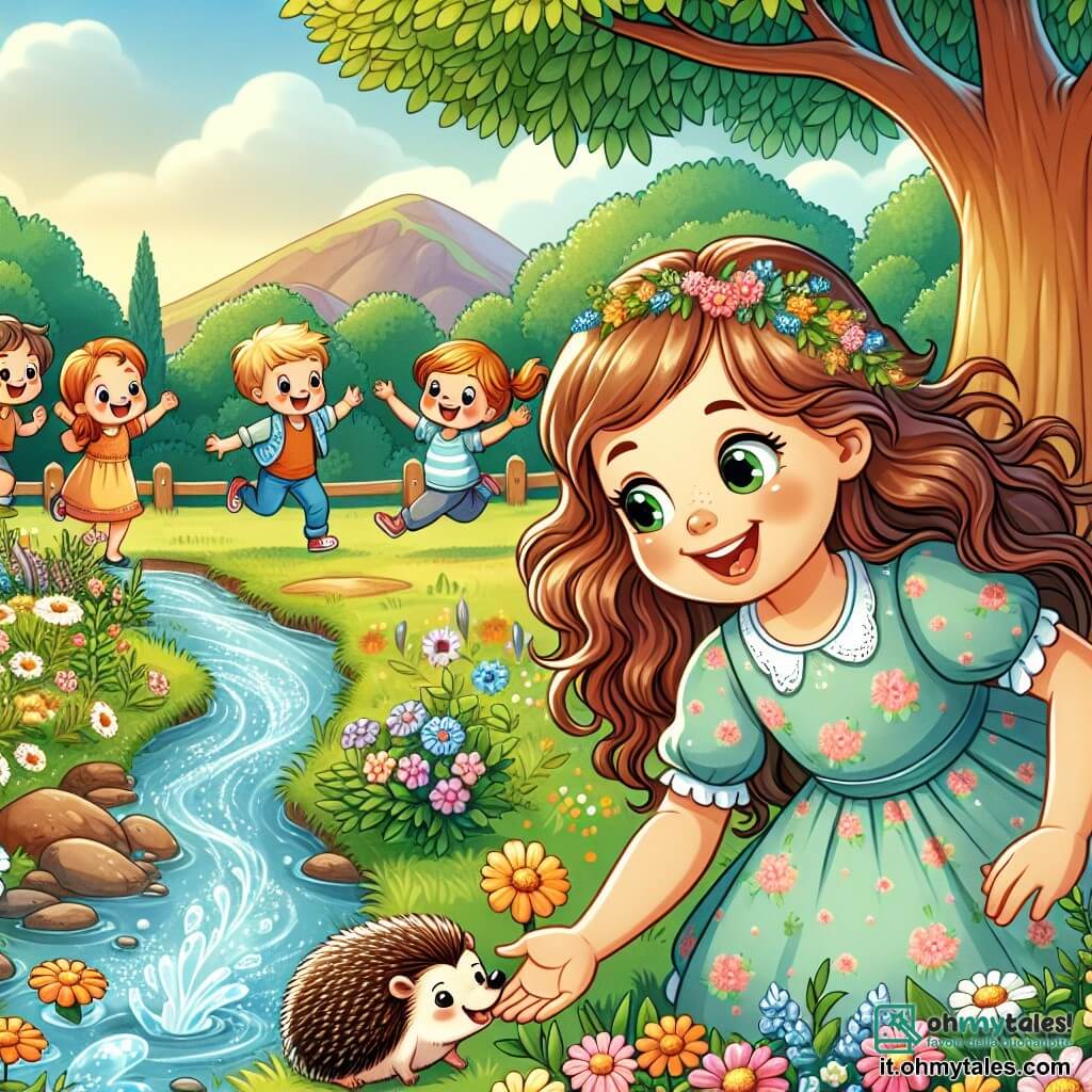 Une illustration sous forme de dessin destinée aux enfants représentant un jardin enchanteur en été, rempli de fleurs colorées et d'un petit ruisseau scintillant, où une fille de 7 ans aux longs cheveux bruns et aux yeux verts, vêtue d'une robe légère à fleurs, s'accroupit joyeusement pour nourrir un petit riccio, un animal mignon et curieux, tandis que des enfants de son âge, aux cheveux blonds et bruns, jouent en arrière-plan, riant et courant autour d'un grand arbre, capturant l'esprit d'aventure et de camaraderie des vacances d'été.