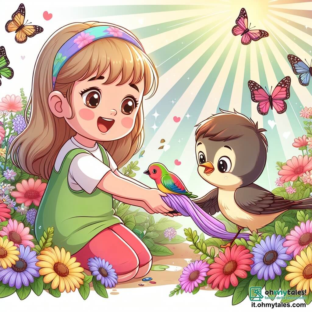 Une illustration destinée aux enfants représentant une jeune fille curieuse et pleine d'énergie qui découvre son courage grâce à un petit oiseau blessé, dans un magnifique jardin fleuri entouré de papillons colorés et de rayons de soleil étincelants.